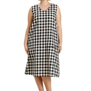 NWT Marina Rinaldi Black White Checkered Cotton Linen Midi Dress US 22 Old Money